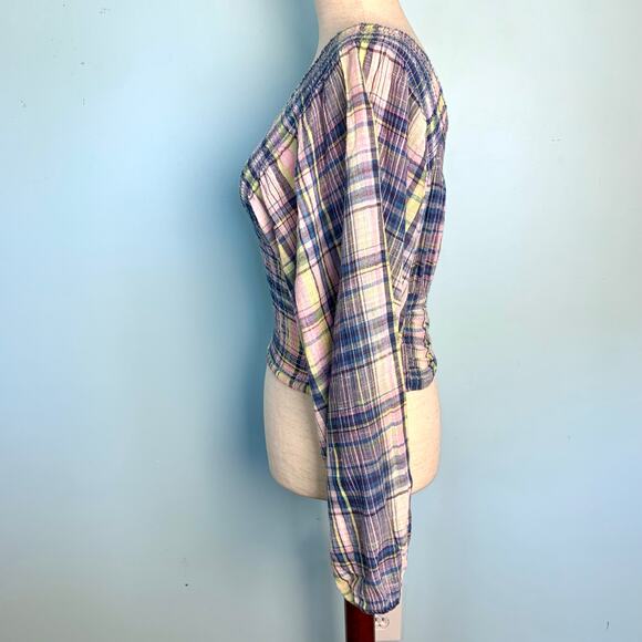 Free People Marlena Plaid Crop Smocked Oversized Sleeve Top Size XS - Picture 4 of 8